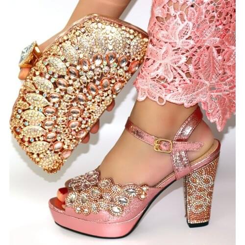 Most popular pink women pumps match handbag with big crystal decoration african dress shoes and bag set CR178,heel 11.5CM
