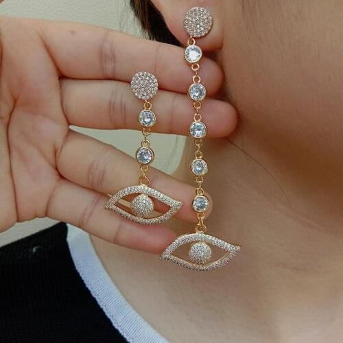 YYGEM Office style White Cubic Zirconia Pave Eye Shape Asymmetric Drop gold plated cz pave Stud Earrings