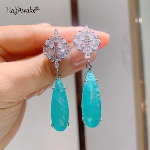 Classic Water Drop 10*30mm Paraiba Big Evening Earrings With Stone 925 Silver Needle Piercing Ear Womens Dangling Earrings