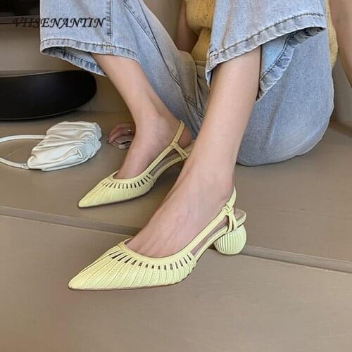 Summer new style yellow gentle and sweet pointed toe hollow pumpkin thick heel matching dress womens shoes