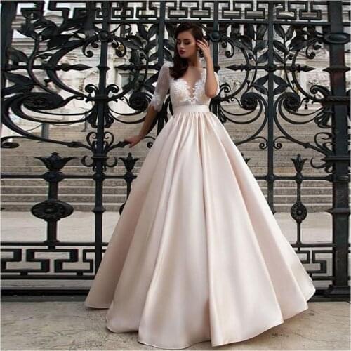 Lorie Champagne Wedding Dresses 2019 With Pocket Vestido de novia Satin Half Sleeves Bridal Gowns Floor Length Wedding Gown