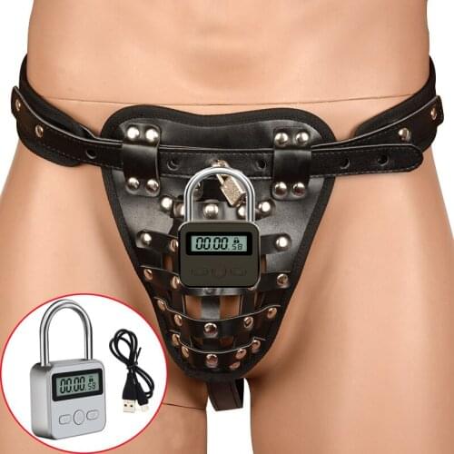 Smart Metal Time Lock Leather Thong Penis Bondage Cage Mens Chastity Pants,Sexy Lingerie Panty Adjustable Belt BDSM Sex Tools