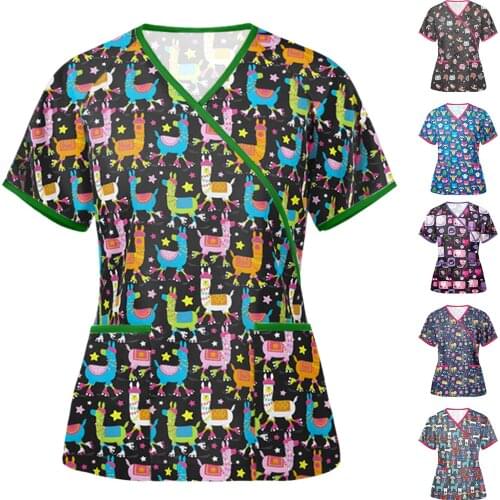 Hospital Staff uniform Animal printing V-neck short sleeves Male Female Dental Clinic Supplies Nurse Women Uniforms Shirt