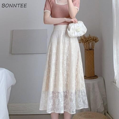 Skirts Women Floral Lace All-match Elegant Trendy High Elastic Summer A-Line Empire Mid-Calf Korean Style Female Daily Slim Fit