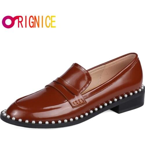 Orignice New Arrival Women Patent Leather Pumps Round Toe String Bead Thick Heels Solid Color Slip On Casual Street Shoes