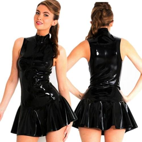 Womens Ladies Fashion Cocktail Party Dresses Wetlook Babydoll PVC Leather High Collar Bottom Flare Mini Dress Dance Clubwear