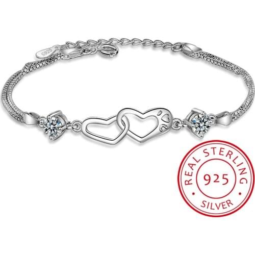 925 Sterling Silver Zircon Double Love Heart Bracelet Bangles For Women Gift Wedding Jewelry pulseira feminina
