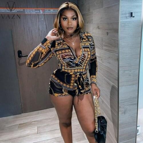 VAZN 2021 INS Full Sleeve Autumn Style Playsuits Young Sexy Overalls Retro Full Sleeve High Waist Women Slim Playsuits