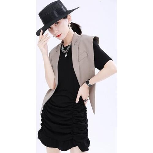 Women Loose Fit Brief Irregular Split Joint Vest New Lapel Sleeveless Tide Vest