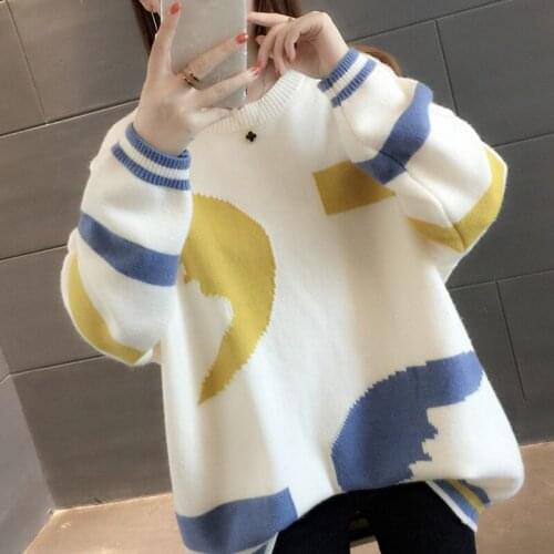 2021 New Autumn Winter Korean Fashion Round Neck Knitting External Wear Loose Mid-length Splicing Lazy Pullover Long Sleeve Top