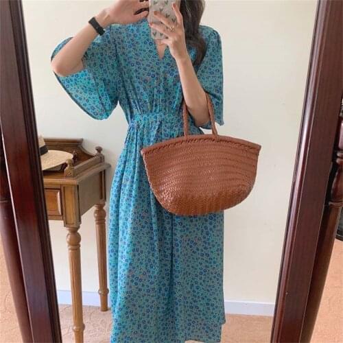 Alien Kitty Summer Lazy Style Florals Vintage Printing Long Dress 2021 V-Neck Chic Girls Sweet Loose Women Vestido Casual Dress