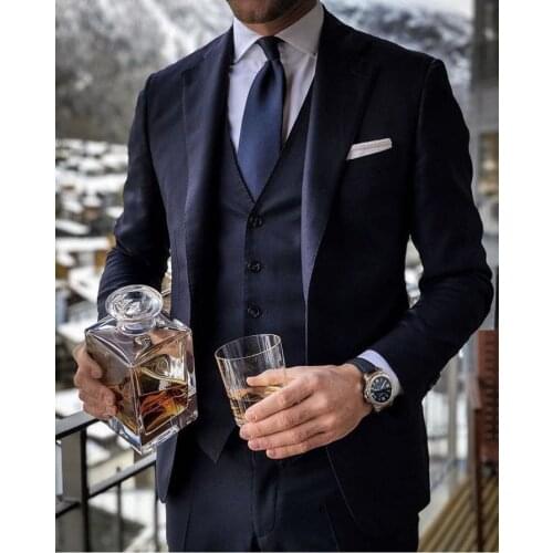 2020 New Custom Made Navy Blue Men Suits For Wedding Slim Fit Groomsmen Tuxedos Handsome Wedding Suit Jacket Pant Vest Mens Suit