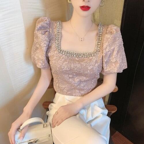 2021 Women Fashion Clothing Vintage Bubble Sleeve Bead Square Collar Crop Top Woman Tshirts Camisas De Mujer Elegantes