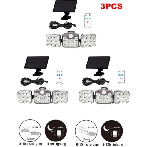 3pcs 138 led remote seperable Solar Lights Outdoor 3 Heads Solar Flood Lamps Motion Sensor Waterproof Porch Garage lamp 5M cable