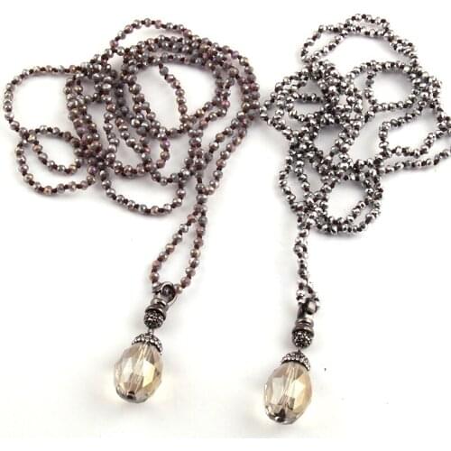 Free Shipping Fashion 4mm Mini Glass Bead Knotted Glass Crystal Drop Pendant Necklaces Women Lariat Necklaces