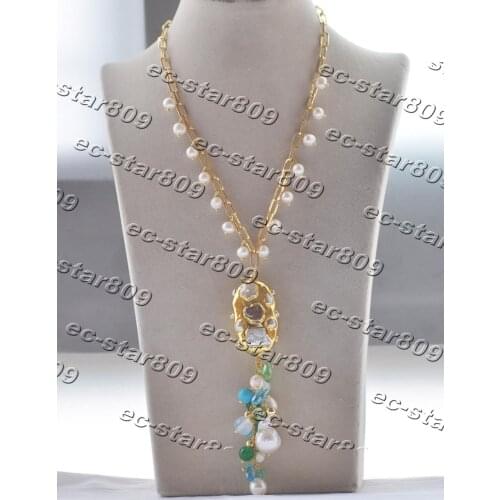 Z11388 19" 42mm White Pearl Gold-Plating Jade Turquoise Opal Chain Grape Pendant