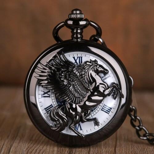 Antique Black Horse Hollow Mechanical Pocket Watches White Roman Number Dial Hand-winding Watch Pendant Fob Chain Clock
