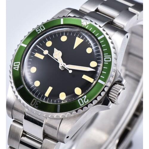 Watch 40mm movement automatic stainless steel case bracelet green aluminum bezel brushed black dial luminous pointer 16