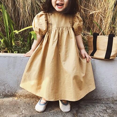 Childrens Dress Summer 2021 New Toddler Girl Fashion Solid Color Retro Puff Sleeve Princess Dress Casual Girl Dress 2-6Y