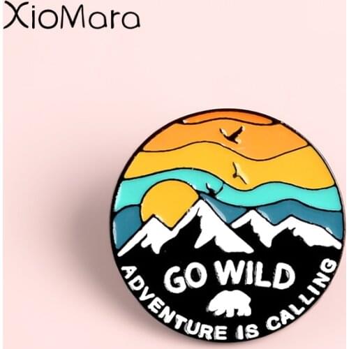 Go Wild Adventure Is Calling Enamel Pins Mountain Polar Bear Explore Nature Round Brooch Badge Travel Pin Outdoorsy Gift