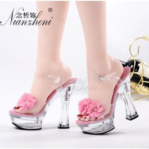 Coarse heel Flower Crystal High heels Platform Nightclub Stage Show Sxey Stripper heels Pole dance shoes Models Party Mature