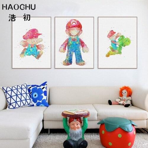 HAOCHU Watercolor Japanese Pop Game Art Print Poster Cartoon Plumbers Dinosaur Wall Picture Canvas Painting Kids Room Home Decor