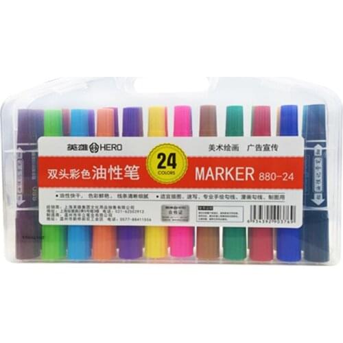 Hero Colored Double Heads Oily Marker Pens 12/24 Colors Paint Marker Graffti Oily Marker CD Metal Macador Caneta Stationery 880