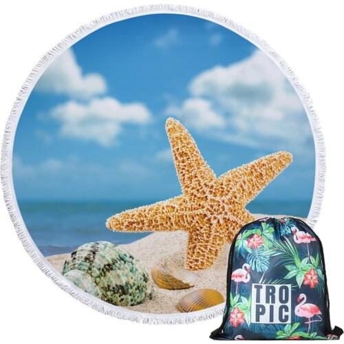 Round Summer Beach Towels Conch Seascape Shell Tree Bath Spa Towels Blanket Yoga Mat With Drawstring Backpack Bag Wall Tapestry