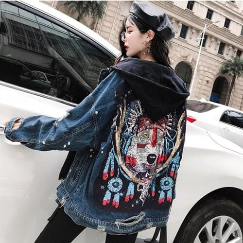 Autumn Denim Jacket Oversize Women Large Size Sequins Pattern Back Streetwear Women Clothes Plus Size Jean Woman Windbreaker