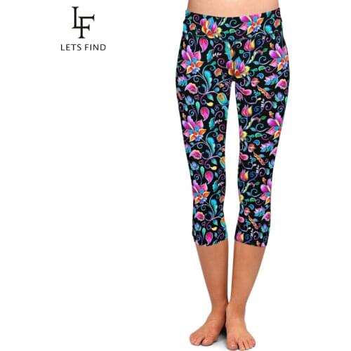 LETSFIND Summer New Women Black Capri Leggings High Elastic Milk Silk Flowers Print High Waist Fitness Casual Mid-Calf Leggings