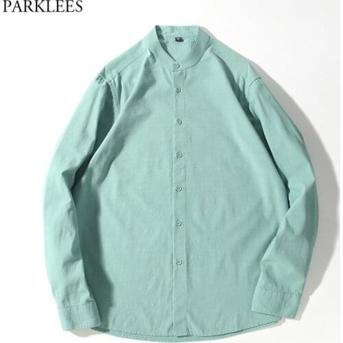 Mens Green Band Collar Shirt Brand Slim Fit Long Sleeve Dress Shirts Men Casual Cotton Daily Comfort Shirt Male Chemise Homme
