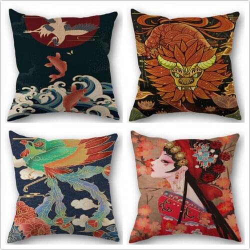 Custom Chinese illustration Cotton Linen Square Zippered Pillow Cover For Office Family Customize Your Picture 45*45cm