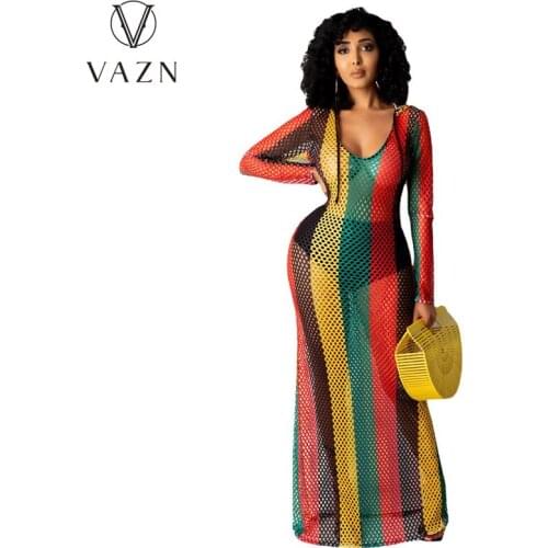 VAZN New 2021 Summer Boho Beach Striped Rainbow Color Dress Pleated Sexy Regular Dress Women Elegant Fashion Dress Maxi Dress