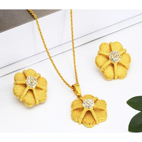 New Sexy Gold African Bride Flower Pendant Earrings Statement Necklace Jewelry Sets For Women Girls Wedding Party Romantic Gifts