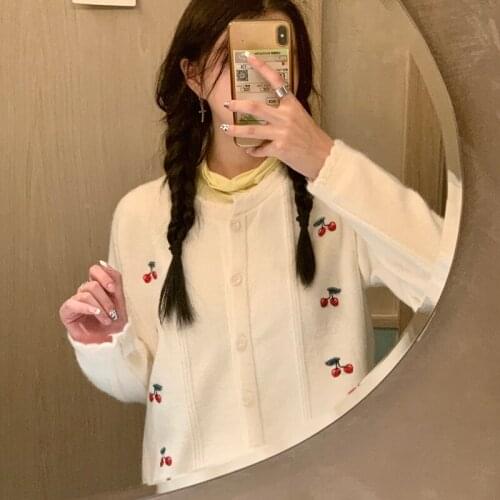 New Japan Style Cute Cherry Embroidery Knitted Cardigan Sweater Women Autumn Long Sleeve Sweaters Coats