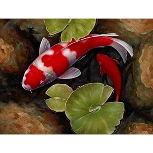 Full Square Red Koi Fish Lotus Feng Shui Animal Landscape Canvas Diy Diamond Painting Wall Sticker Paintings by numberZP-2392