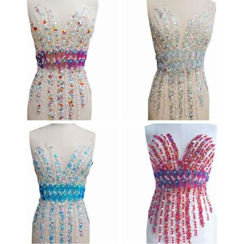 Deluxe Bodice Rhinestone Applique Heavy Beaded Patch Lace Motif Prom Dress Wedding Gowns