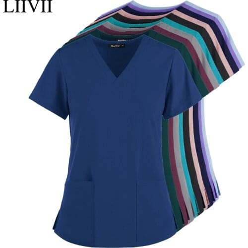 New Elasticity High Quality Women Summer Nursing Scrubs Tops Short Sleeve Women Medical Scrubs Uniforms Nurse V-neck Pocket