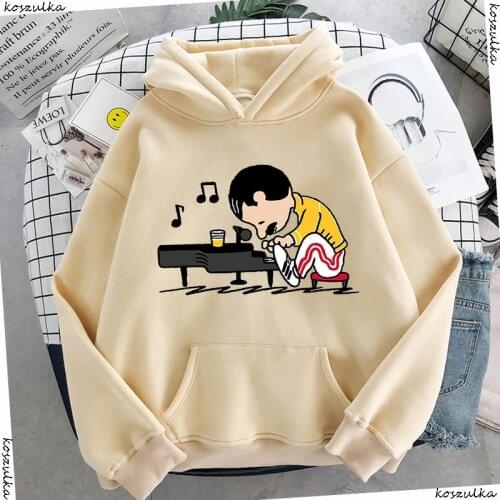 Funny Freddie Mercury Play The Piano Hoodie Women Hooded Cartoon Sweatershirt Beige Hoody Pullover