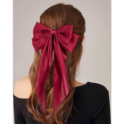 Vintage Black Big Large Stain Bow Hair Clip For Women Girls Wedding Long Ribbon Korean Hairpins Barrette Hair Accessories