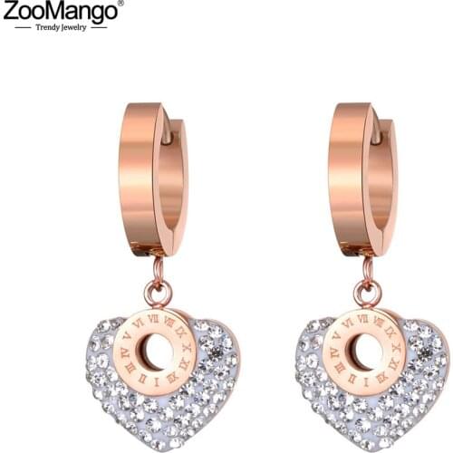 ZooMango Trendy Roman Numerals Titanium Stainless Steel White/Black Clay Crystal Love Heart Hoop Earrings For Women Girl ZE19135