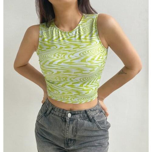 2021 Sexy Vests E-girl Striped Print Crop Tops Y2k Aesthetics Summer Streetwear Sleeveless O-neck Green Baby Tanks Women CDJLFH