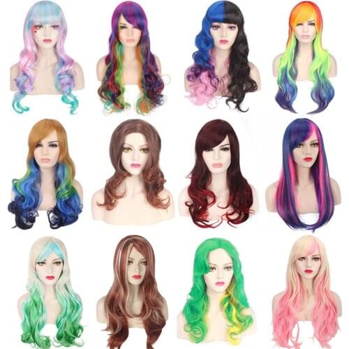 Women multi color Cosplay Wig Long Curly fake hair Rainbow Synthetic Wigs Heat Resistant fiber Halloween Role Play Peruca
