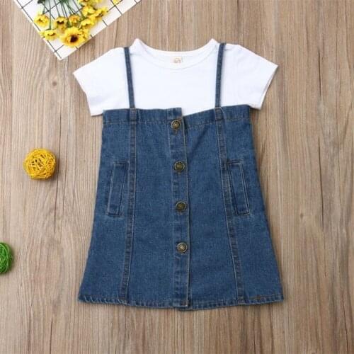 2PCS Fashion summer Sweet Toddler Kid Baby Girl Clothes Casual Short Sleeve Shirt Denim Dress Jean Skirt Outfit 1-4Years