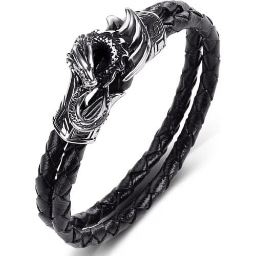 Double Braided Leather Hand Bracelet Men Stainless Steel Flying Dragon Bangles Punk Hip Hop Jewelry Male Wristband Gifts P549