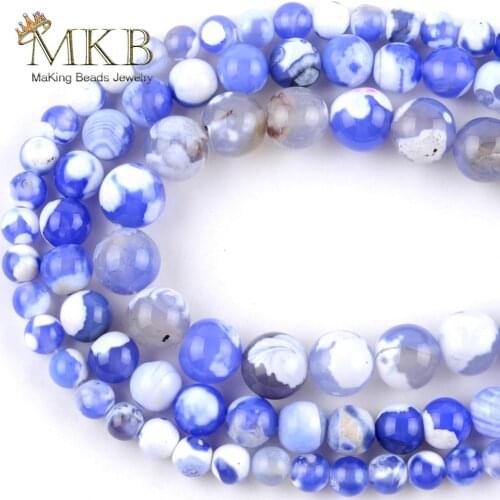 Natural Stone Blue White Fire Agates Spacer Loose Beads For Jewelry Making 6mm 8mm 10mm Round Beads DIY Bracelets Necklace 15"