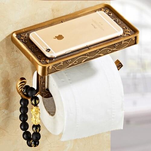 Toilet Paper Holder with Shelf Bathroom Aluminum Phone Holder Roll Paper Holder Retro Tissue Holder Creative Toilet Paper Holder