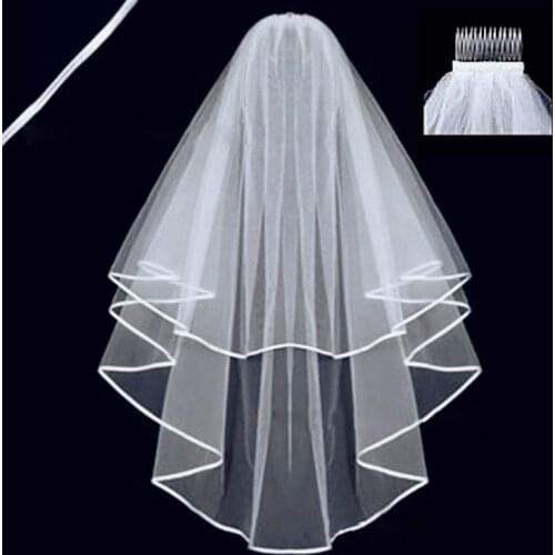 Wedding Simple Tulle White Color Two Layers Bridal Veil Ribbon Edge Cheap Bride Accessories Women Veil with Comb