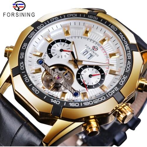 Forsining Fashion Mechanical Wristwatch Top Brand Automatic Mens Watch Calendar Luminous Black Leather Strap Golden Dial Clocks