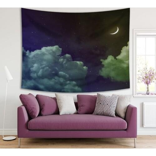Tapestry New Moon Stars Fluffy Clouds Nature Night Sky Illustration Purple Blue Gray